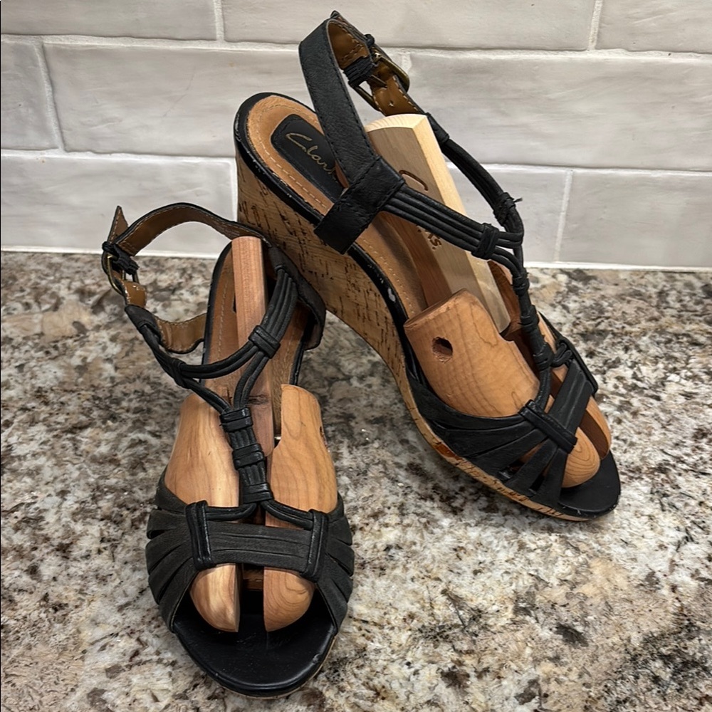 Last Chance!! Clarks Black Wedge Sandals with Slingback Strap